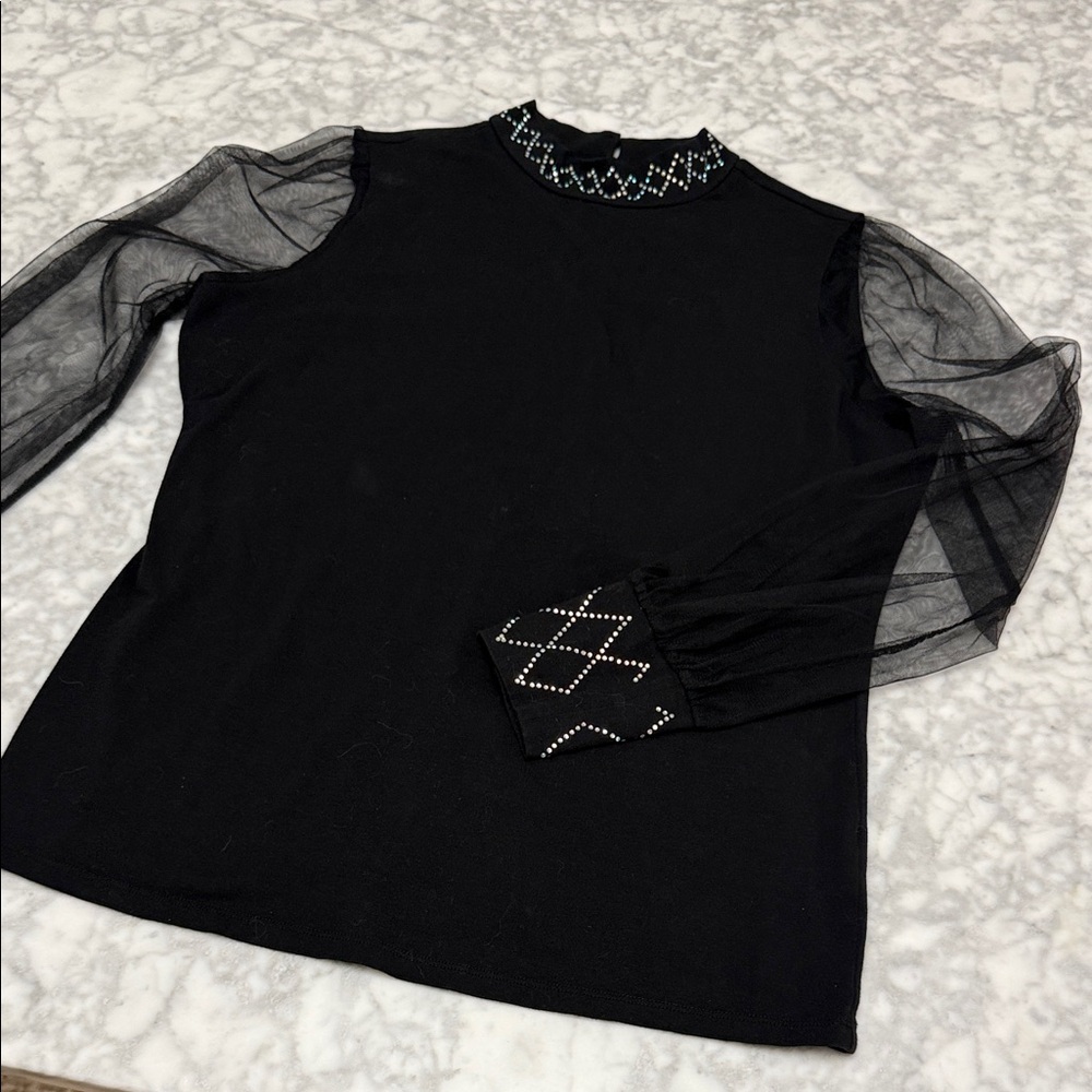 VENUS Black Top with Sheer Sleeves and Embellished Neckline